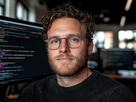 Portrait of a smiling programmer in front of his computer screen photo