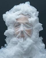 Mysterious womans face hidden behind a white cloud of smoke and sheer fabric photo