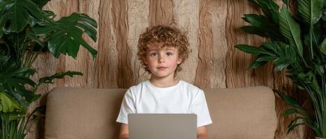 Young boy using laptop computer on sofa at home photo