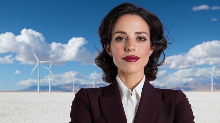 Confident businesswoman standing in front of wind turbines