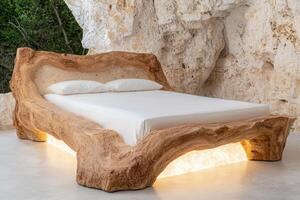 Unique wooden bed with built in lighting in a cave setting photo