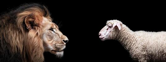 Lion and Lamb Face to Face on Black Background photo