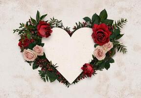 Heart shaped frame of red and blush roses and greenery photo