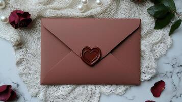 Romantic red envelope with heart wax seal on lace background photo