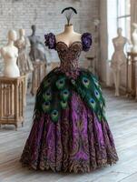 Luxury peacock feather gown on mannequin in a studio setting photo