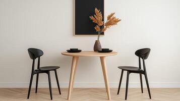 Minimalist dining room interior with wooden table and black chairs photo