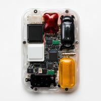 Transparent casing reveals the inner workings of a complex electronic device photo