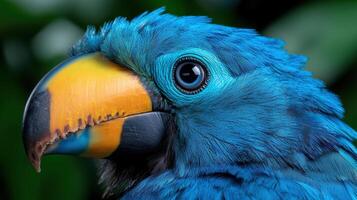 Close up of a vibrant blue toucan with a large, colorful beak photo