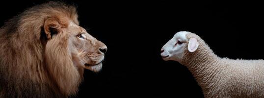 Lion and lamb facing each other on a black background photo