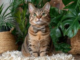 Brown tabby cat wearing a bow tie sits on a fluffy rug, surrounded by lush green plants photo