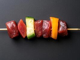 Raw tuna and vegetable skewers on a dark background photo