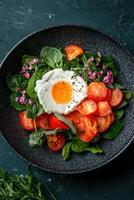 Healthy breakfast salad with poached egg and cherry tomatoes photo