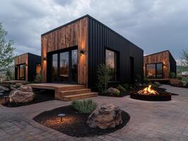 Modern cabin with fire pit at dusk photo