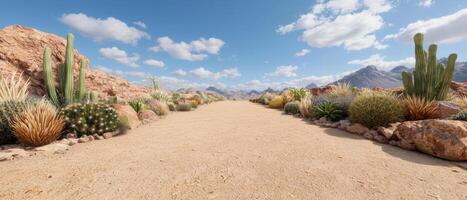 Desert path lined with cacti and succulents under a bright blue sky photo