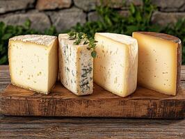 Four different types of cheese on a wooden board photo