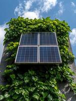 Solar panels on a wall covered in lush green vines photo