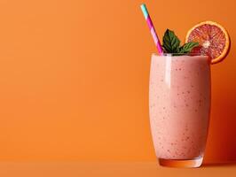 Refreshing pink smoothie with orange slice and mint garnish photo