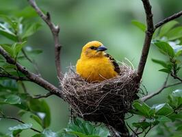 Yellow bird in nest on tree branch photo