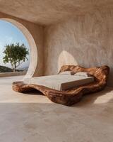 Luxury wooden bed in minimalist bedroom with ocean view photo