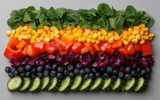 Rainbow vegetable salad with corn, red pepper, red cabbage, blueberries and cucumber photo