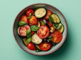 Overhead view of a fresh summer vegetable salad in a bowl photo