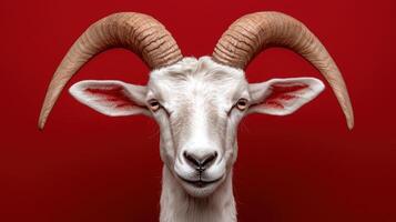Close up portrait of a white goat with large horns against a red background photo