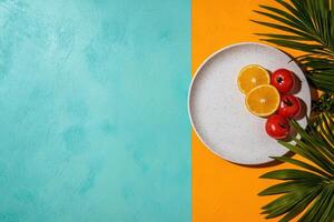 Top view of sliced oranges and tomatoes on a plate with palm leaves photo