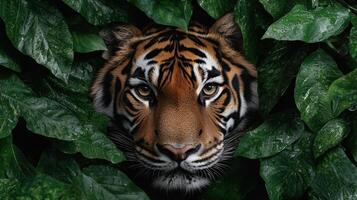 Closeup of a tigers face peering from behind lush green leaves photo