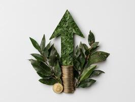 Green leaves forming an upward arrow with a stack of gold coins and a bitcoin, symbolizing growth and financial success photo