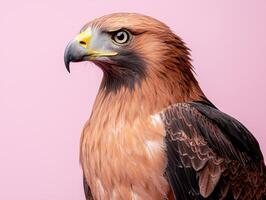 Close up profile of a majestic golden eagle against a pink background photo