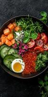 Delicious and healthy poke bowl with salmon, avocado, cucumber, tomato, and rice photo