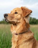 Golden Retriever Dog Puppy Sitting in Grass Field photo