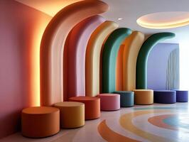 Abstract rainbow colored seating area in modern building photo