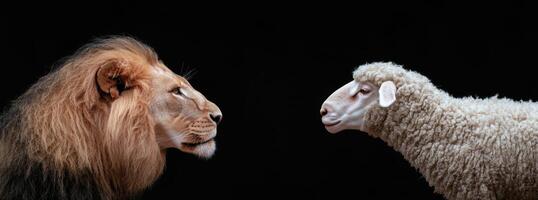 Lion and Sheep Face Off in Dramatic Close Up photo