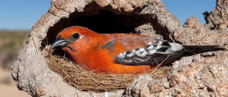 Bright orange bird nesting in a tree hollow photo