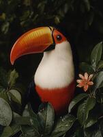 Close up of a colorful toucan perched on a branch photo