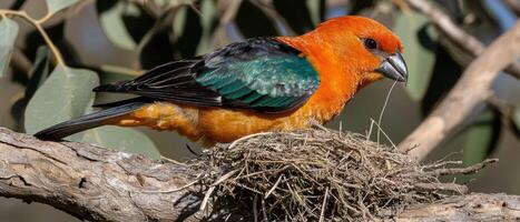 Orange bird building a nest in a tree photo