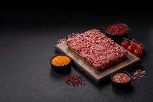 Fresh raw ground minced beef with salt and spices photo