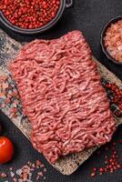 Fresh raw ground minced beef with salt and spices photo