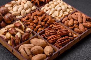 Box with various nuts cashew, macadamia, peanut, cedar, pecan, walnut, brazil, hazelnut photo