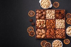 Box with various nuts cashew, macadamia, peanut, cedar, pecan, walnut, brazil, hazelnut photo