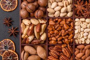 Box with various nuts cashew, macadamia, peanut, cedar, pecan, walnut, brazil, hazelnut photo