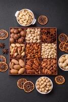 Box with various nuts cashew, macadamia, peanut, cedar, pecan, walnut, brazil, hazelnut photo