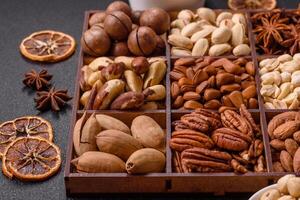 Box with various nuts cashew, macadamia, peanut, cedar, pecan, walnut, brazil, hazelnut photo
