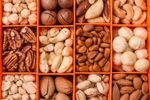 Box with various nuts cashew, macadamia, peanut, cedar, pecan, walnut, brazil, hazelnut photo