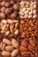 Box with various nuts cashew, macadamia, peanut, cedar, pecan, walnut, brazil, hazelnut photo
