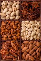 Box with various nuts cashew, macadamia, peanut, cedar, pecan, walnut, brazil, hazelnut photo
