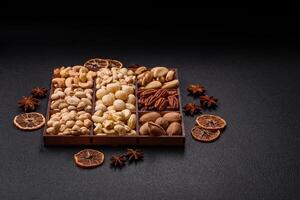 Box with various nuts cashew, macadamia, peanut, cedar, pecan, walnut, brazil, hazelnut photo