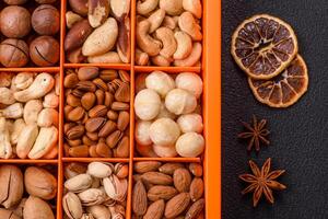 Box with various nuts cashew, macadamia, peanut, cedar, pecan, walnut, brazil, hazelnut photo
