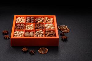 Box with various nuts cashew, macadamia, peanut, cedar, pecan, walnut, brazil, hazelnut photo